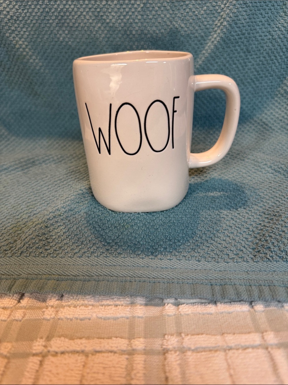 Rae Dunn White Ceramic Mug with 'WOOF' Lettering